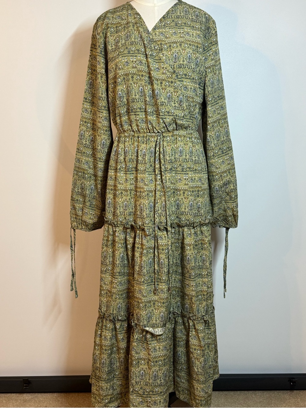 Paisley Tiered Maxi Dress in Olive with Drawstring Waist